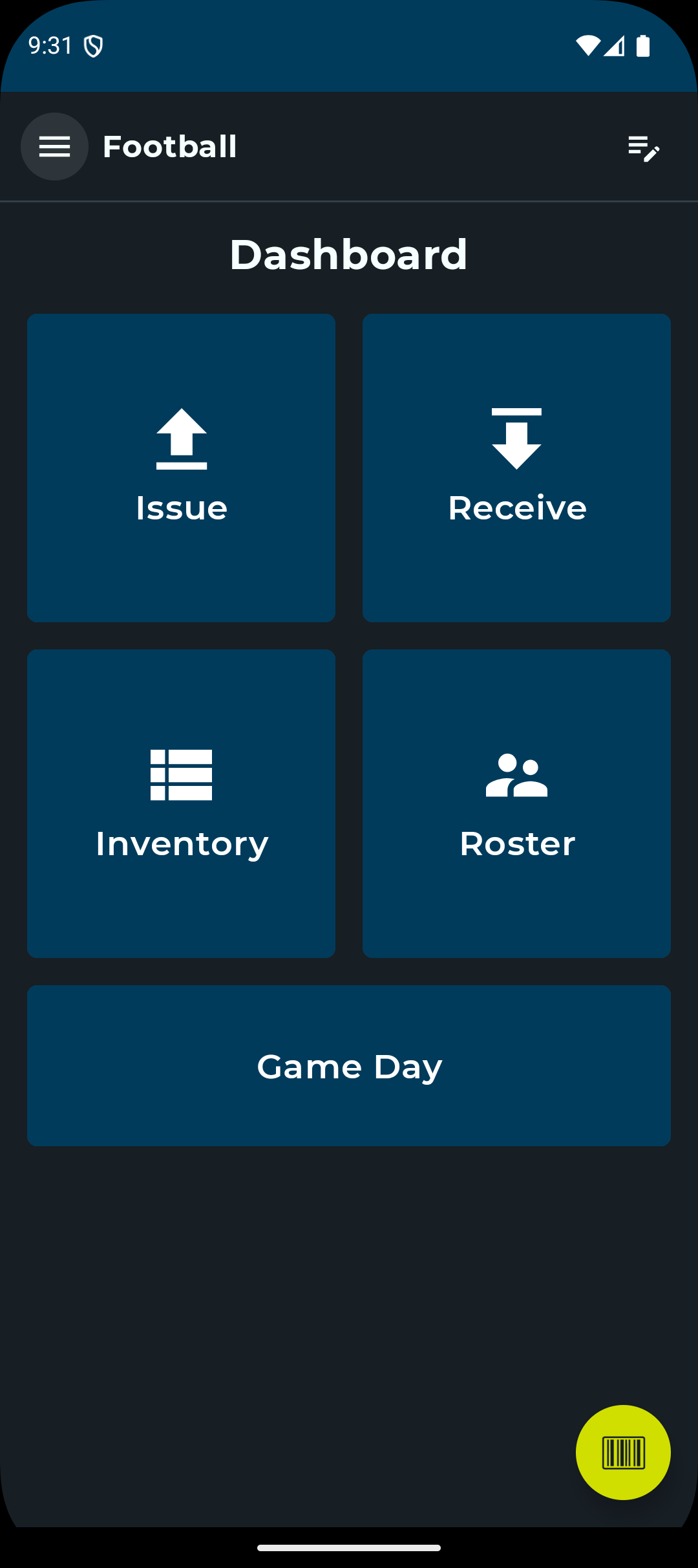 EquipCheck mobile dashboard for a football team, with Issue, Receive, Inventory, Roster, Game Day, and barcode scanning controls.